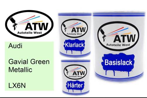 Audi, Gavial Green Metallic, LX6N: 1L Lackdose + 1L Klarlack + 500ml Härter - Set, von ATW Autoteile West.